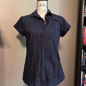 Eddie Bauer Sheer Lightweight Navy Shortsleeved Collared Button-up Blouse